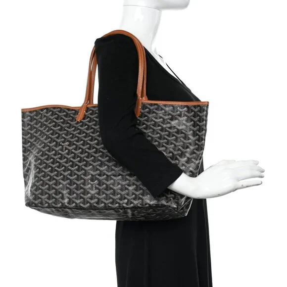 Authentic Goyard Goyardine Saint Louis PM Black Brown Shoulder Tote Bag & Pouch